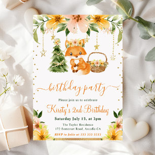 Watercolor Floral Woodland Fox Birthday Party Invitation