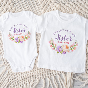 Watercolor Floral World's Best Little Sister Baby Bodysuit