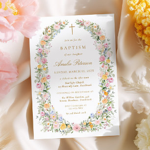 Watercolor Floral Wreath Baptism Invitation