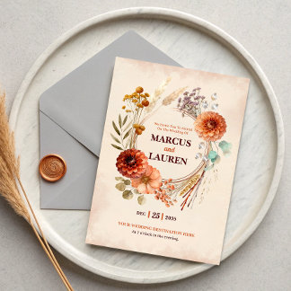 Watercolor Floral Wreath Border Wedding Invitation