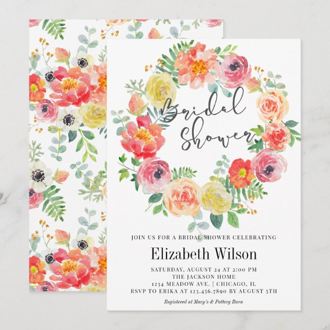 Watercolor floral wreath bridal shower invitation (Front/Back)