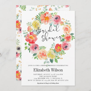 Watercolor floral wreath bridal shower invitation