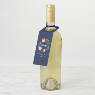 Watercolor Floral Wreath Burgundy Blue Wedding Bottle Tag