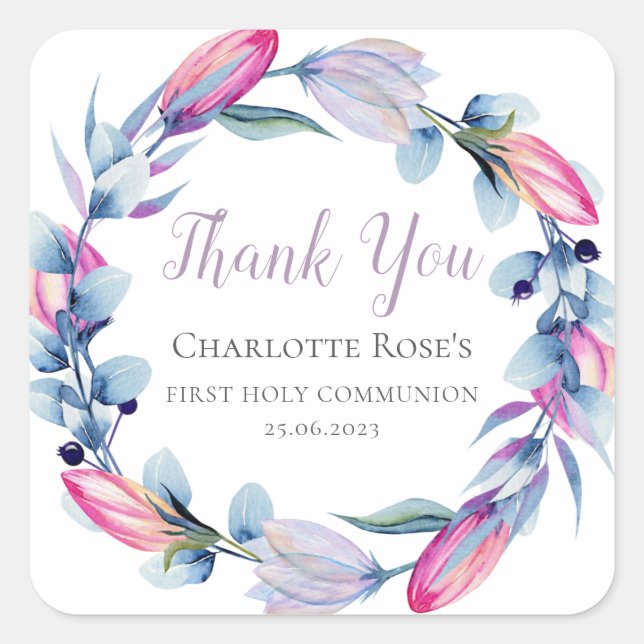 Watercolor Floral Wreath Communion Thank You Square Sticker (Front)