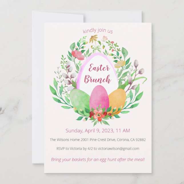 Watercolor Floral Wreath Easter Brunch Invitation (Front)