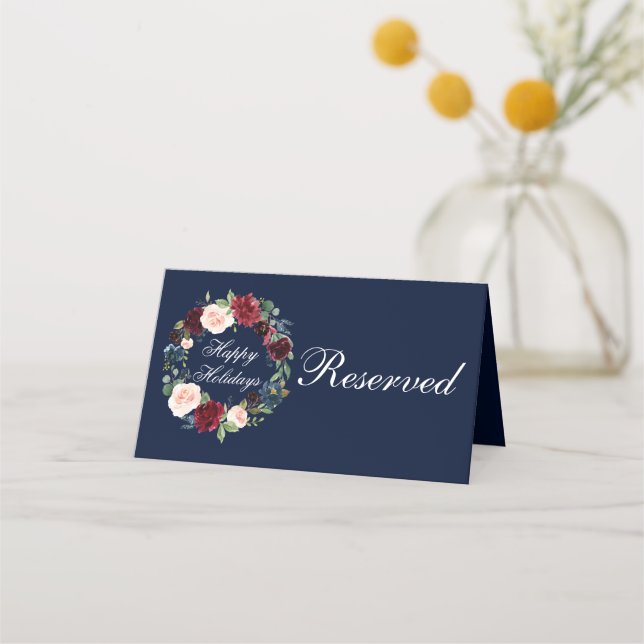 Watercolor Floral Wreath Elegant Happy Holidays Place Card (Front)