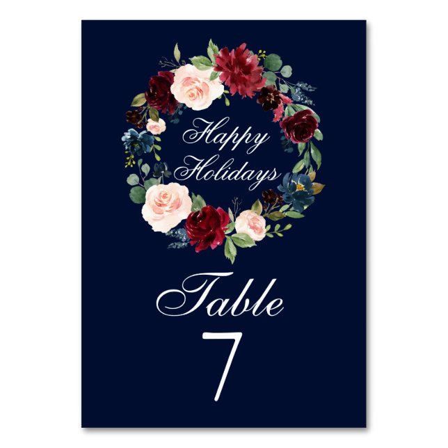 Watercolor Floral Wreath Elegant Happy Holidays Table Number (Front)