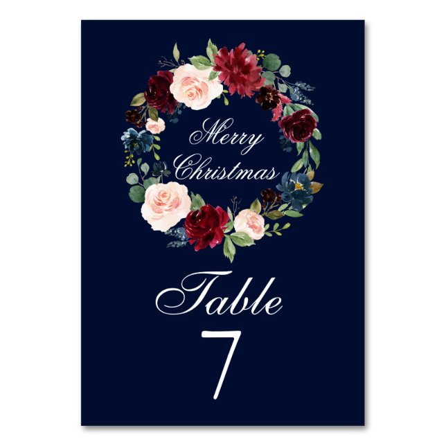 Watercolor Floral Wreath Elegant Merry Christmas Table Number (Front)