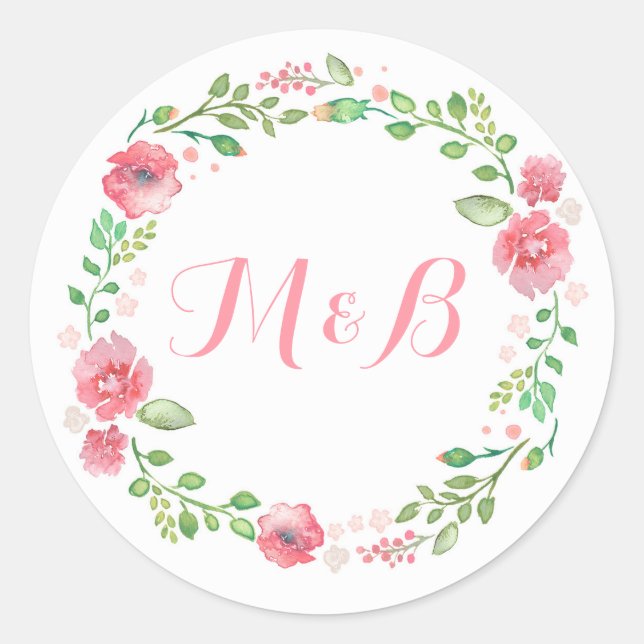 Watercolor Floral Wreath Elegant Wedding Classic Round Sticker (Front)