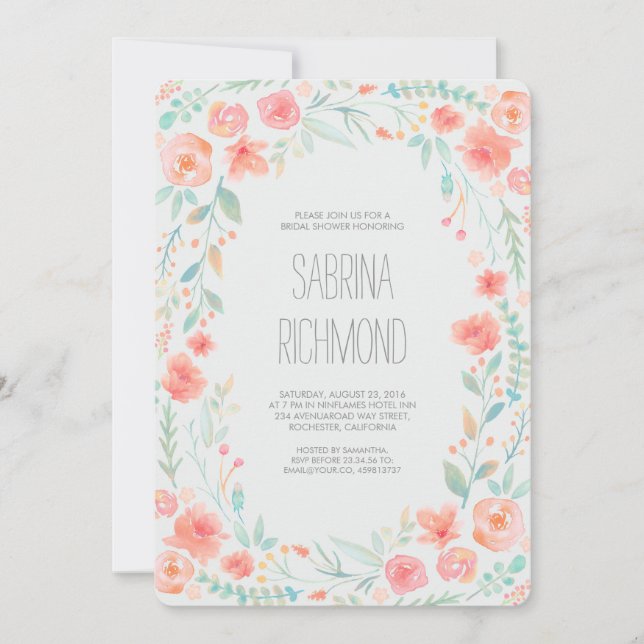 Watercolor Floral Wreath Garden Bridal Shower Invitation (Front)