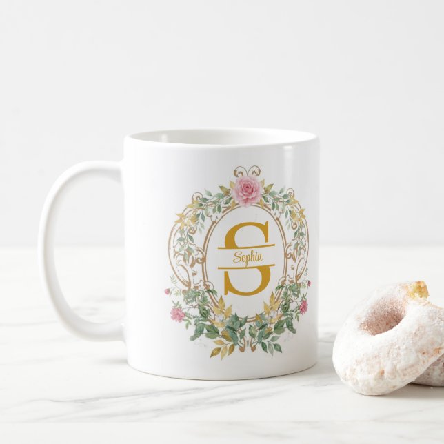 Watercolor Floral Wreath Gold Initial Monogram Coffee Mug (With Donut)