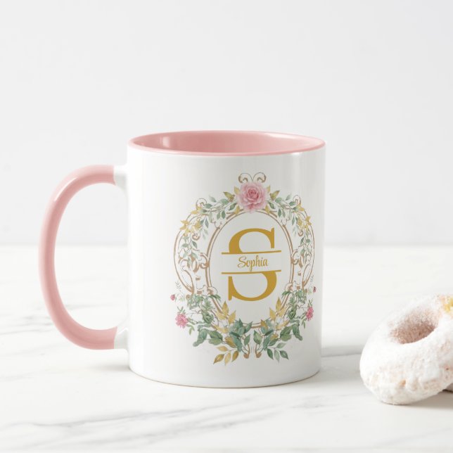 Watercolor Floral Wreath Gold Initial Monogram Mug (With Donut)