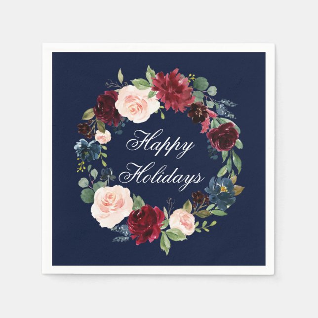 Watercolor Floral Wreath Happy Holidays Blue Napkin (Front)