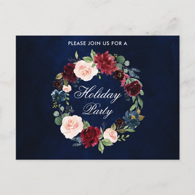 Watercolor Floral Wreath Holiday Party Invitation Postcard (Front)