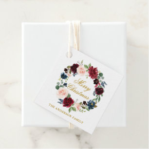 Watercolor Floral Wreath Merry Christmas Gold Favour Tags