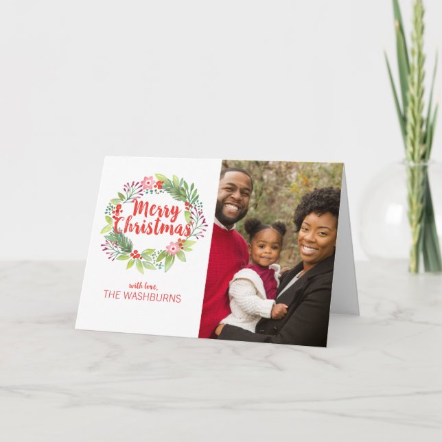Watercolor Floral Wreath Merry Christmas Photo Card (Front)