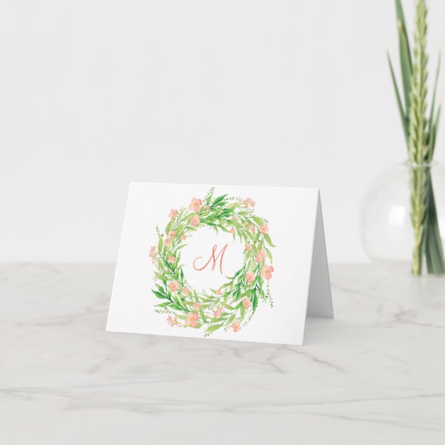 Watercolor Floral Wreath Monogram Note Card (Front)