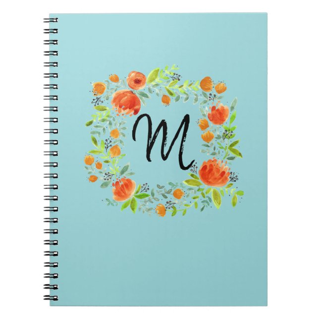 Watercolor Floral Wreath Monogram Notebook (Front)