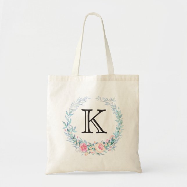 Watercolor Floral Wreath Monogram Tote Bag (Front)