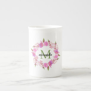 Watercolor Floral Wreath Name Monogram Bone China Mug