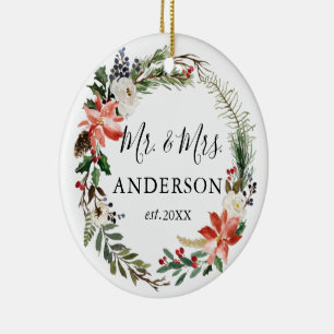 Watercolor Floral Wreath Newlywed PHOTO BACK Ceramic Tree Decoration