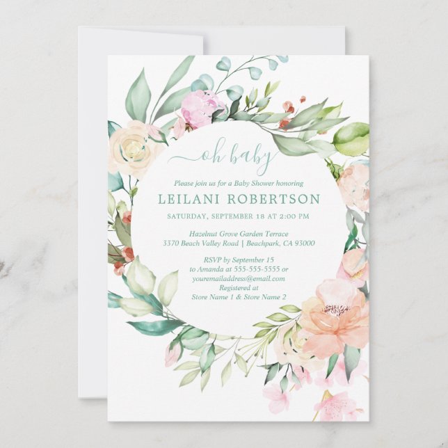 Watercolor Floral Wreath Oh Baby Pastel Shower Invitation (Front)