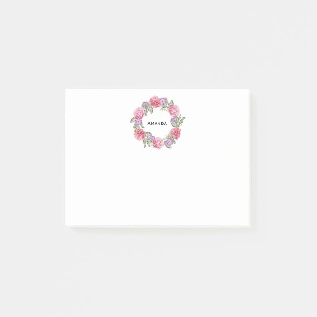 Watercolor Floral Wreath Personalised Post-it Notes (Front)