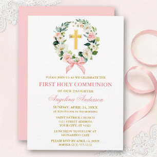 Watercolor Floral Wreath Pink Bow Gold Communion Invitation