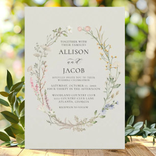 Watercolor Floral Wreath Sage Green Wedding Invitation