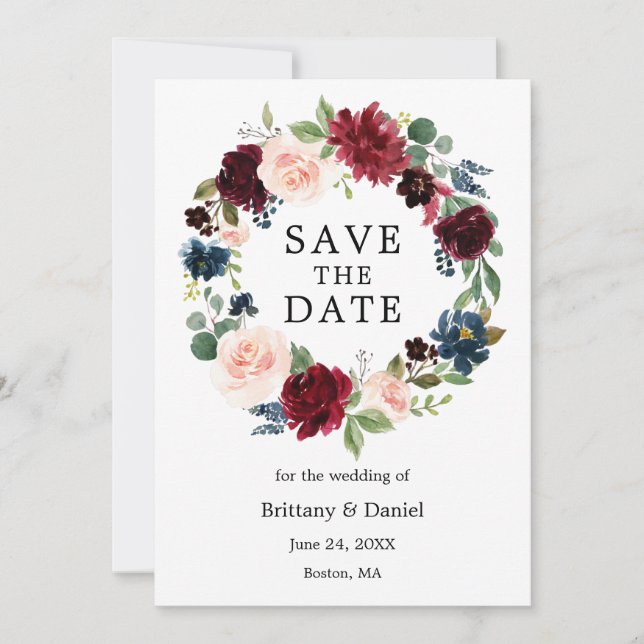 Watercolor Floral Wreath Save The Date Card (Front)