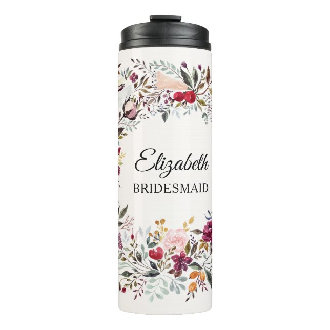 Watercolor Floral Wreath Wedding Bridesmaid Gift Thermal Tumbler (Front)