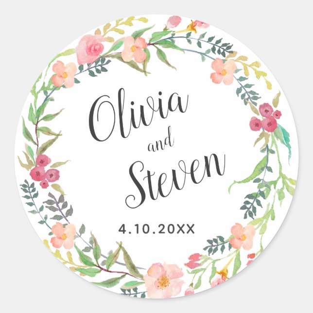 Watercolor Floral Wreath Wedding Classic Round Sticker (Front)