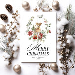 Watercolor Floral wreath with Dog Merry Christmas  Holiday Card<br><div class="desc">Winter Wonderla Elegant Watercolor Merry Christmas Holiday Card</div>