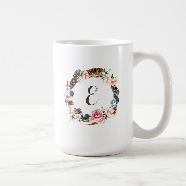 Watercolor Floral Wreath with Feathers | Monogram Coffee Mug (Right)