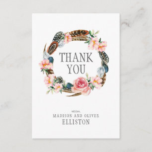 Watercolor Floral Wreath with Feathers Thank You Card