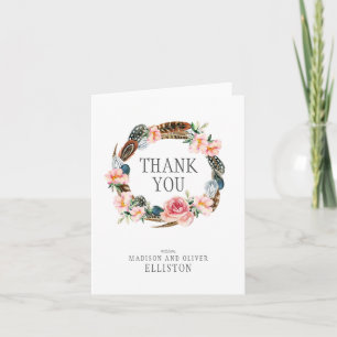 Watercolor Floral Wreath with Feathers   Thank You Card