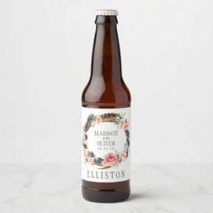Watercolor Floral Wreath with Feathers Wedding Beer Bottle Label