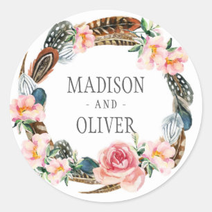 Watercolor Floral Wreath with Feathers   Wedding Classic Round Sticker
