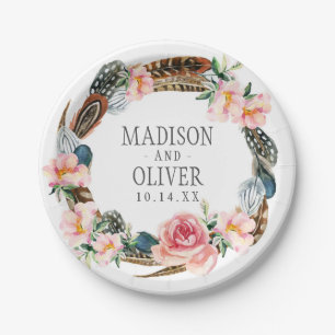 Watercolor Floral Wreath with Feathers   Wedding Paper Plate