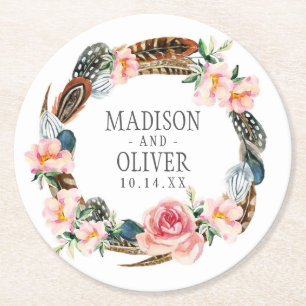Watercolor Floral Wreath with Feathers   Wedding Round Paper Coaster