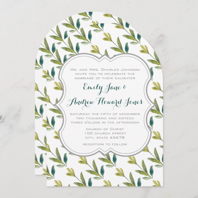 Watercolor Floral Yellow Emerald Greenery Wedding Invitation (Front/Back)