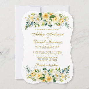 Watercolor Floral Yellow Gold White Wedding Invitation