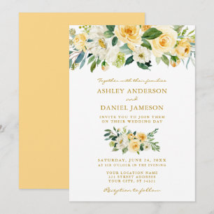 Watercolor Floral Yellow Greenery Gold Wedding Invitation