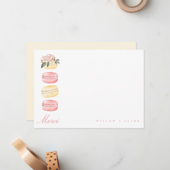 Watercolor Floral Yellow Macaron Merci/Thank You Card (Front/Back In Situ)