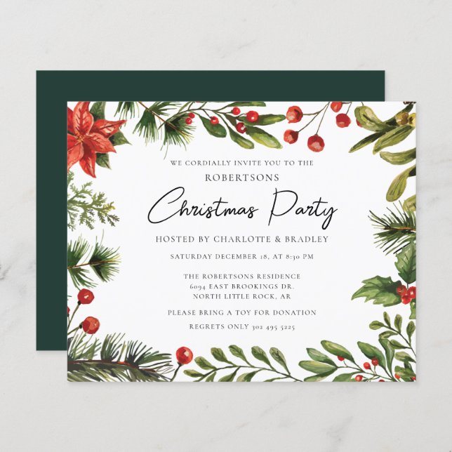 Watercolor FloralChristmas Party Invitation (Front/Back)