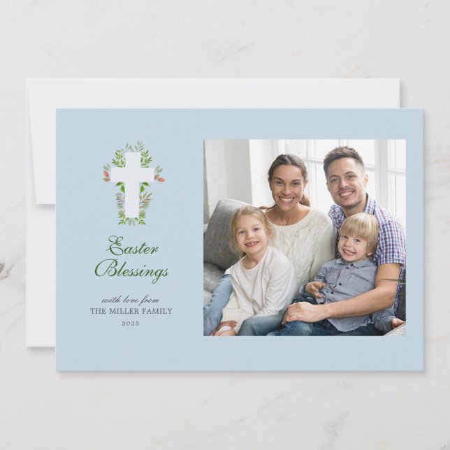 Watercolor Florals and Cross Photo Easter Holiday Card (Front)