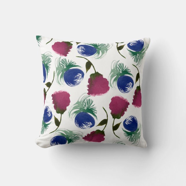 Watercolor Florals Blue Burgundy Greenery Paint Cushion (Front)