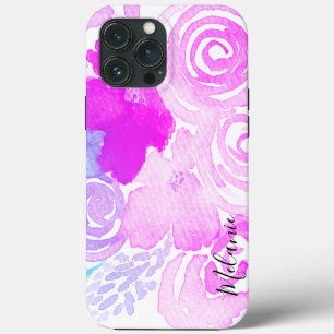 Watercolor Florals  Bright Pink Script Name    iPhone 13 Pro Max Case