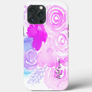 Watercolor Florals Bright Pink Script Name iPhone 13 Pro Max Case