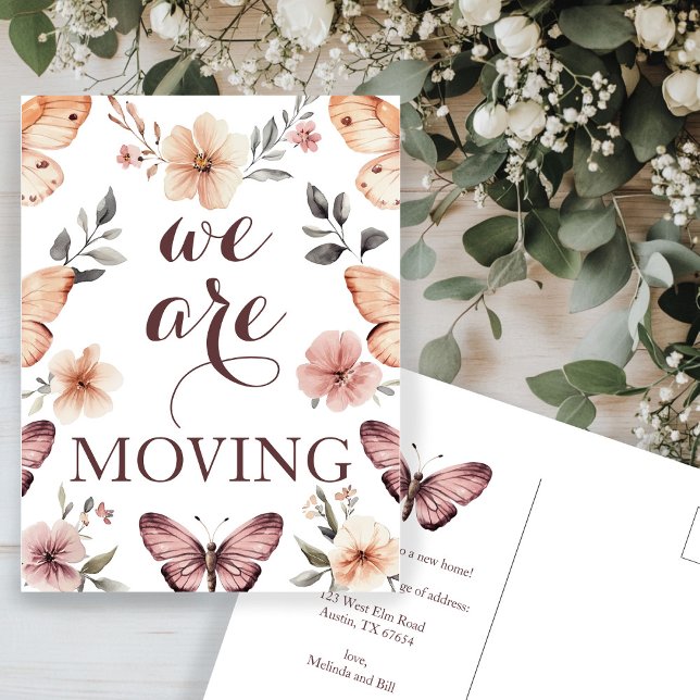 Watercolor Florals Butterflies New Address Moving  Postcard (Watercolor Florals Butterflies New Address Moving Announcement Postcard
)
